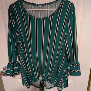 Green and Black Bell Sleeve Blouse with Tie Front